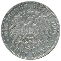 Német Államok / Hamburg 1904J 5M Ag "Címer oroszlánokkal / Koronás birodalmi sas" (27.67g) T:2  German States / Hamburg 1904J 5 Marks Ag "Helmeted arms with lion supporters / Crowned imperial eagle" (27.67g) C:XF