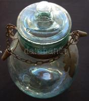 Nagyméretű üvegedény fedővel, fém szőlőlevél-díszítéssel / Large glass storage jar 31cm, d: 18cm