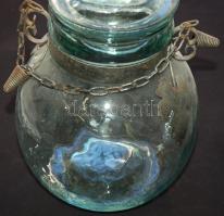 Nagyméretű üvegedény fedővel, fém szőlőlevél-díszítéssel /
Large glass storage jar 31cm, d: 18cm
