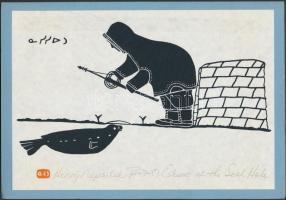 Henri Napartuk (1932-1985): Halászó eszkimó, Linómetszet-papír, jelzett / signed 24x17 cm