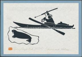Henri Napartuk (1932-1985): Halászó eszkimó, Linómetszet-papír, jelzett / signed 24x17 cm