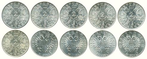 Ausztria 1928-1937. Komplett 2Sch Ag gyűjtemény klf darabokkal közte "Haydn" R! (10 x 12g/0.64) T:1-,2 /  Austria 1928-1937. Complete collection of 2 Schillings. Only various motives! (10 x 12g/0.64) C:AU,XF