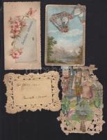 1862-1890 4 db Litho, relief és csipke üdvözlőkártya egyik hibás / Relief litho, greeting  cards (one faulty)