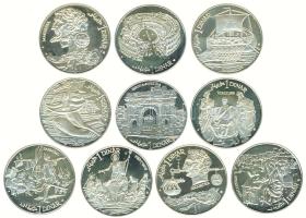 Tunézia 1969. Teljes 10 darabból álló ezüst dinár gyűjtemény eredeti bársonybéléses díszdobozban az adott időszak különféle vereteivel! (10 x 20g/0.925) T:PP /  Tunisia 1969. 1 Dinar Ag "Head of Habib Bourguiba left / Hannibal - Masinissa - Jugurtha - Vergilius - St. Augustine - Phoenician Ship - Neptune - Venus - Thysdrus-El Djem - Sbeitla-Sufetula" 10 pieces of various motives in original decorative box! (10 x 20g/0.925) C:PP