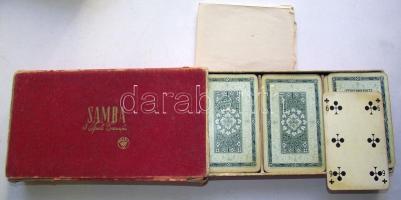 cca 1950 Samba kanaszta kártya, 3 teljes pakli pótlapokkal, eredeti dobozában, német nyelvű leírással / Play cards for canasta game, 3 complete packs, original package