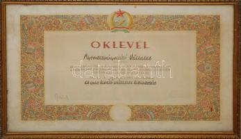 1955 "Az ipar kiváló vállalata" oklevél, üvegezett keretben 61,5x43cm