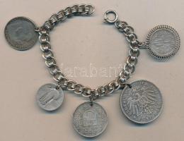 Karkötőre fűzött 5db klf Ag érem, mint: Német Birodalom 1907. 5M + 1936. 5M, Ausztria 1913. 1K, USA 1/4$, Svájc 1953. 5Fr T:vegyes German States 1907. 5 Mark Ag + 1936. 5 Mark, Austria 1913. 1 Corona Ag, USA Quarter Dollar Ag, Switzerland 1953. 5 Francs Ag coins on bracelet C:Mixed