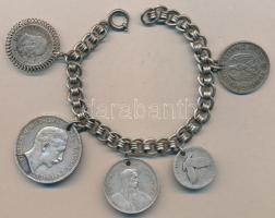 Karkötőre fűzött 5db klf Ag érem, mint: Német Birodalom 1907. 5M + 1936. 5M, Ausztria 1913. 1K, USA ...