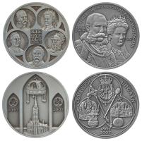 A Magyar Pénzverő és a Münze Österreich közös kiadványának teljes 4 díszdobozos kollekciója: 1916. "Ferenc József" Ag (31.1g/0.999) + "IV. Károly" Ag (31.1g/0.925), 1867. "Kiegyezés" Ag osztrák-magyar 2klf darabja (2 x 30g/0.999), 2008. "Csárdáskirálynő" Ag (2 x 20g/0.999) + CD, 2010. "Mária Terézia" Ag osztrák-magyar 2klf darabja (2 x 20g/0.999) hozzátartozó kitűzőkkel. Mattírozott és proof kivtelben. Csak 700-1000db, tanúsítványokkal!! /  Austro-Hungary collection in decorative boxes. 1916 "Franz Joseph" Ag (31.1g/0.999) + "Charles IV" Ag (31.1g/0.925), 1867. "Austro-Hungarian Compromise" Ag 2 different medals (2 x 30g/0.999), 2008. "The Riviera Girl" Ag (2 x 20g/0.999) + CD, 2010. "Maria Theresia" Ag 2 different medals (2 x 20g/0.999) with two badges. T:1,PP Only 700-1000 examples, with certificates!