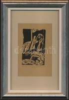 Bódi Ágnes (1957-1998): Ülő nő, linómetszet, jelzett, üvegezett keretben 14,5x20,5cm