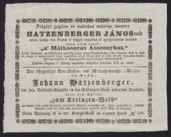 cca 1800 Hatzenberger János paplan és matracz művész reklámos számla