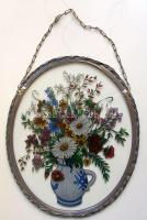 Ablakba akasztható ólomkeretes festett üveg kép / Painted glass window decoration in lead frame 28x24cm