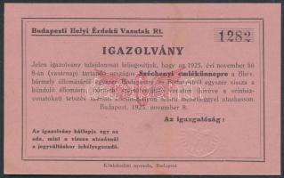1925 BHÉV kedvezményes utazási igazolvány a Széchenyi emlékünnepre