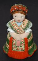 Sárközi népviseletű női festett mázas kerámia figura a Molnár-Marton műhelyből. Hibátlan, eredeti dobozában / Ceramic figure in Hungarian folk costume, in original package 15cm