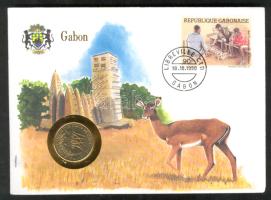 Közép Afrikai Államok 1986. 25c érmés, bélyeges borítékon,gaboni bélyeggel, hátlapon első napi bélyegzős ENSZ bélyeggel T:1 Central African States 1986. 25 cents, coin letter with Gabonese stamp, first day of issue United Nations stamp on the back C:Unc
