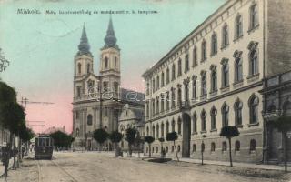 Miskolc MÁV üzletvezetőség és mindszenti római katolikus templom, Orosz István üzlete, villamos (fa)