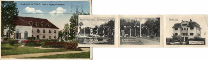 Harkányfürdő leporello, József forrás, Gyógyfürdő, Gyógyterem, Park szálló, Török villa (fa)
