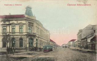 Békéscsaba Vasút utca, villamos, hotel, kávéház