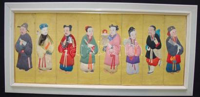 Különféle foglalkozásokat ábrázoló kínai patchwork kép keretben / Chinese patchwork picture, framed 69x33cm