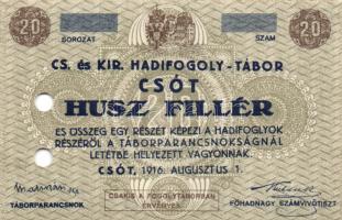 Csót/hadifogolytábor 1916. Augusztus 1. 20f számozás és aláírás nélkül lyukasztva T:II