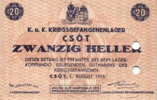 Csót/hadifogolytábor 1916. Augusztus 1. 20f számozás és aláírás nélkül lyukasztva T:II