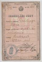 1888 Cirkuszi művésznő igazolójegye illetékbélyeggel