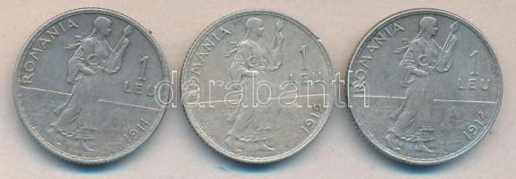 Románia 1911/12/14. 1L Ag (3x) T:2- Romania 1911/12/14. 1 Leu Ag (3x) C:VF