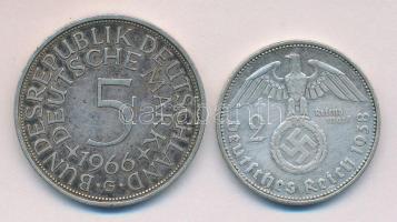 Német 3. Birodalom 1938A 2M Ag "Hindenburg" + NSZK 1966G 5M Ag T:2- German Third Reich 1938A 2 Marks Ag "Hindenburg" + GFR 1966G 5 Mark Ag C:VF