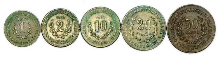 Kenyérmező hadifogolytábor 1915. 1f + 2f + 10f + 20f + 50f szükségpénzek T:2,2- /  Transylvania / Kenyérmező prison camp 1915. 1 heller + 2 heller + 10 heller + 20 heller + 50 heller necessary coins C:XF,VF