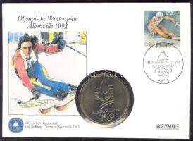 Németország 1992. "Téli olimpia - Albertville" Ffm bélyeges érmés borítékon, elsőnapi bélyegzővel T:1 hátoldali ismertetővel Germany 1992. "Winter Olympics-Albertville" metal medallic letter with stamps C:Unc