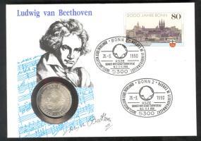 NSZK 1970F. 5M Ag "Beethoven" bélyeges érmés borítékon alkalmi bélyegzővel, hátoldali ismertető tanúsítvánnyal T:1- GFR 1970F. 5 Mark Ag "Beethoven" coin letter with stamps and information C:Unc