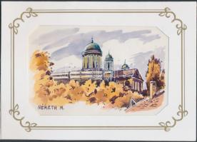 Német Mátyás vajdasági festő: Esztergomi bazilika, akvarell-papír, paszpartuban 24x17cm