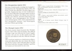 Andorra 1992. 2D "Olimpia Barcelona 1992" bélyeges érmés borítékon, hátoldali ismertető ta...