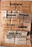 1893-1927 12db hirdetmény, többek között: a Tanácsköztársaság önkéntestoborzó hirdetménye, a Magyar Revíziós Liga felhívása, hirdetmény a m. kir. 7. honvéd huszárezred részére tartott pót-lóvásárról, pályázati felhívás mezőgazdászoknak