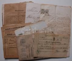 1862-1925 46bd régi hivatalos irat Szend és Szák községekből, köztük: nyugták illetékbélyegekkel, anyakönyvi kivonatok, adásvételi szerződések, besorolás alóli felmentési kérelem, egy Földművelési Értesítő, valamint a Tata 's Tóvárosi Izraelita Kerületi Hitközség Elöljáróságának fejléces levele