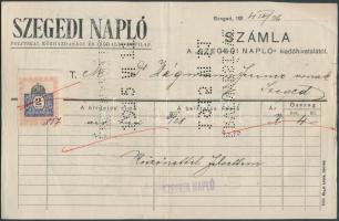 1914 Szeged 2 db fejléces számla Szegedi Napló, Klein Adolf, egyik céglyukasztással