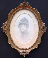 L.B. jelzéssel Petrik Albert (1876-1916) vázlatfüzetéből: Fiatal lány arcképe, ceruza-papír, üvegezett keretben 26x32cm