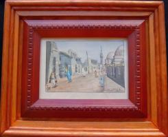 Petrik Albert (1876-1916): Arab utcarészlet, ceruza-akvarell-papír, jelzett, 17x12cm, üvegezett keretben