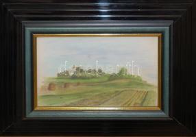 Petrik Albert (1876-1916): Tájkép templommal, pasztell-papír, 23x15cm, üvegezett keretben