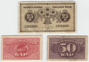 Finnország 1918. 25p + Lettország 1920. 5k + 50k T:III Finland 1918. 25 Penniia + Latvia 1920. 5 kapeikas + 50 kapeikas T:F