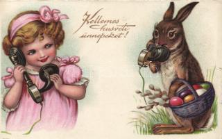Easter, little girl talking with the bunny on the phone, litho (Rb)