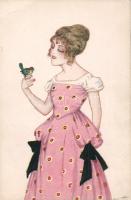 Woman with bird, artist signed (EB)