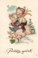 New Year, children ride a pig, artist signed