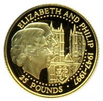 Guernsey 1997. 25Ł Au(24K) "II. Erzsébet királyné-aranylakodalom" (7,81g) eredeti dísztokb...