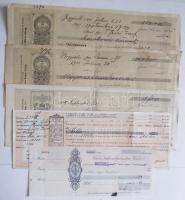 1894-1901. 3db váltó, kettő Bogyiszlón kiállítva, harmadik érvénytelenítve + 1901. "osztr. Phönix biztosító társaság" biztosítási kötvénye + 1917. "Váczi Takarékpénztár Vácz" csekkje hátoldalán okmánybélyeg