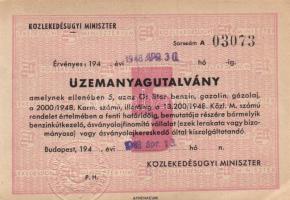 Budapest 1948. Közlekedésügyi Minisztérium Üzemanyagutalványa 5 liter benzin, gazolin, gázolaj beváltására T:I-