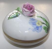 Kézzel festett sorszámozott Kitty-mintás rózsás jelzett Herendi porcelán bonbonier hibátlan állapotban / Handpainted numbered Herend chinaware bonbonier with rose in flawless condition 6x8cm