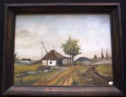 Boda Balázs (1954): Parasztház gémeskúttal, olaj-farost, jelzett, keretben 24x18cm