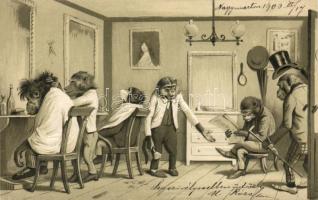 Monkeys, barber shop Emb. litho