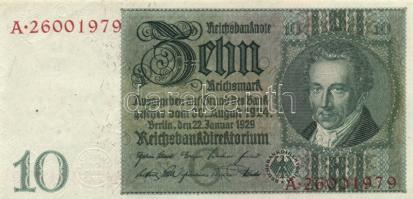 Német 3. Birodalom 1929. 10M nyolcjegyű sorszám, vízjel: Thaer "Kontroll Stempel" T:I- German Third Reich 1929. 10 Mark eight digit serial, watermark: Thaer "Kontroll Stempel" C:AU